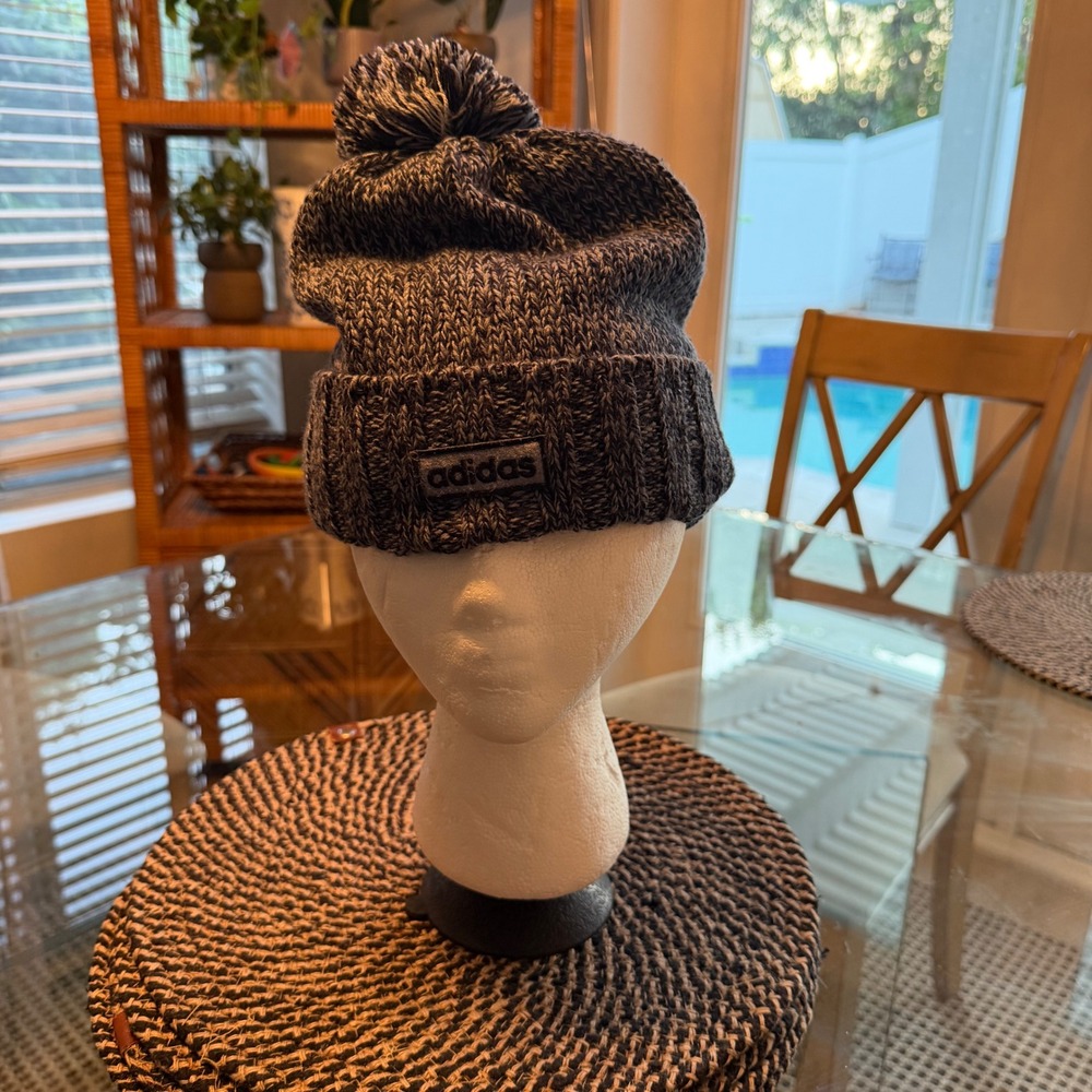 Adidas Pom Beanie Hat Black Grey Marl Fleece Lined Cuffed Knit RN 90288
